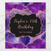 Étiquette Pour Bouteilles De Vin Séquins violets foncés et roses Agate Anniversaire (Étiquettes simples)