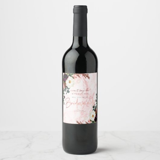 Étiquette Pour Bouteilles De Vin Serez-Vous Bridesmaid Marbre Blush Bourgogne Fleur (Devant)