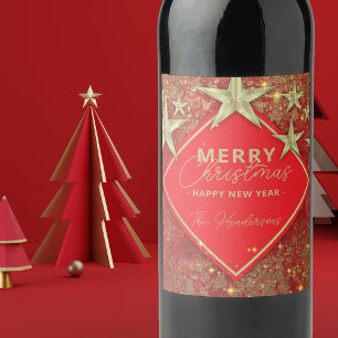 Étiquette Pour Bouteilles De Vin Shiby Glam Rouge Or Paillettes Étoile Fête de Noël