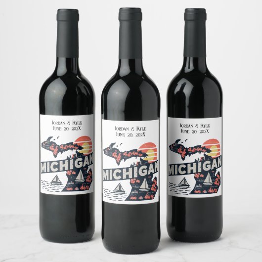 Étiquette Pour Bouteilles De Vin Silhouette Rétro du Michigan Personnalisable (Bouteilles)