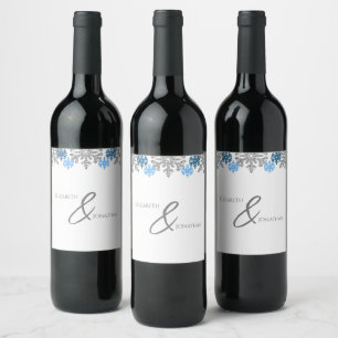 Étiquette Pour Bouteilles De Vin Silver Blue Snowflakes Mariage d'hiver