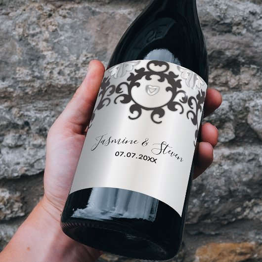 Étiquette Pour Bouteilles De Vin Silver Et Black Glam Élégant Mariage élégant