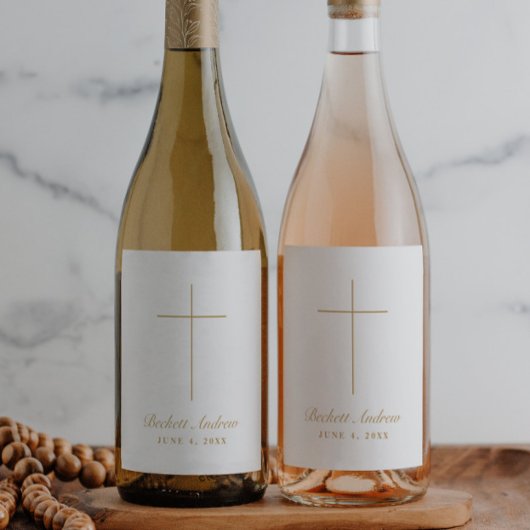 Étiquette Pour Bouteilles De Vin Simple Bapteme Croix Script Or