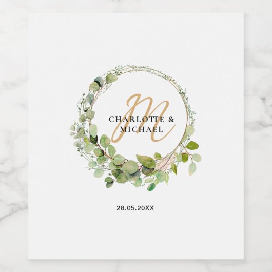 Étiquette Pour Bouteilles De Vin Simple, élégant, monogramme mariage eucalyptus (Étiquettes simples)