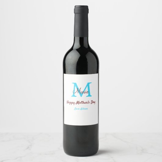 Étiquette Pour Bouteilles De Vin simple minimum jour mère bleu monogramme rose nom (Devant)