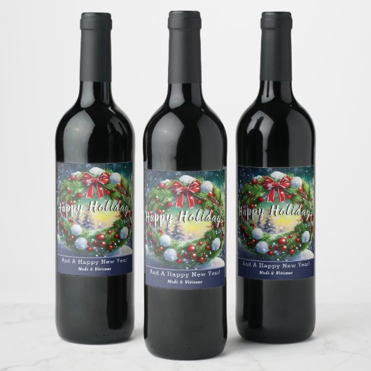 Étiquette Pour Bouteilles De Vin Snowy Wreath Holiday (Bouteilles)