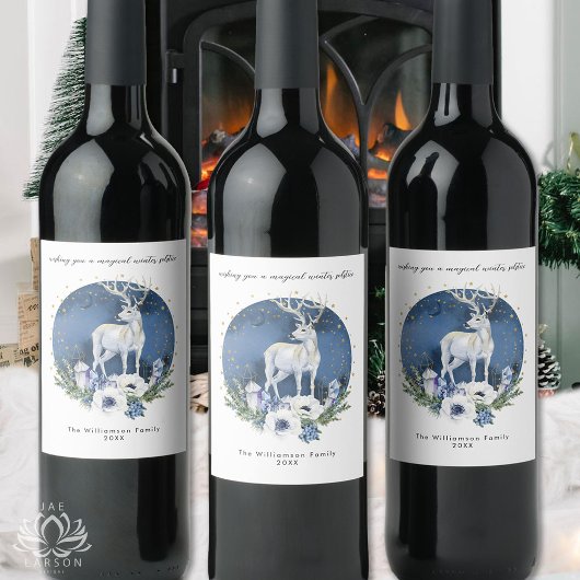 Étiquette Pour Bouteilles De Vin Solstice d'hiver Deer Bleu Blanc Noël
