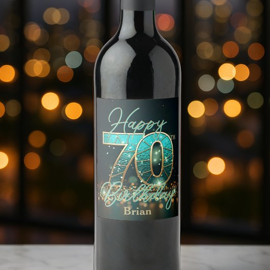 Étiquette Pour Bouteilles De Vin Sophistiqué Turquoise et métal or 70e anniversaire