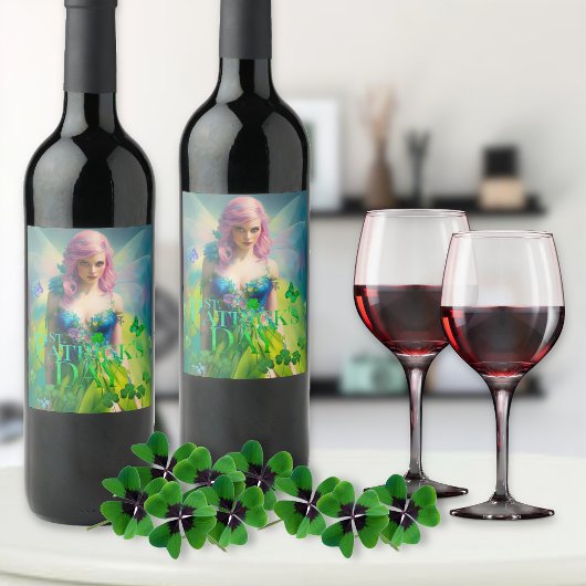 Étiquette Pour Bouteilles De Vin St Patrick's Day Irish Fairy avec détail de Clover