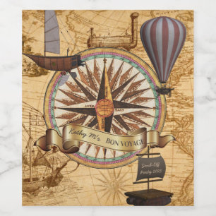 Étiquette Pour Bouteilles De Vin Steampunk Travel Antique Carte Compass Adventure