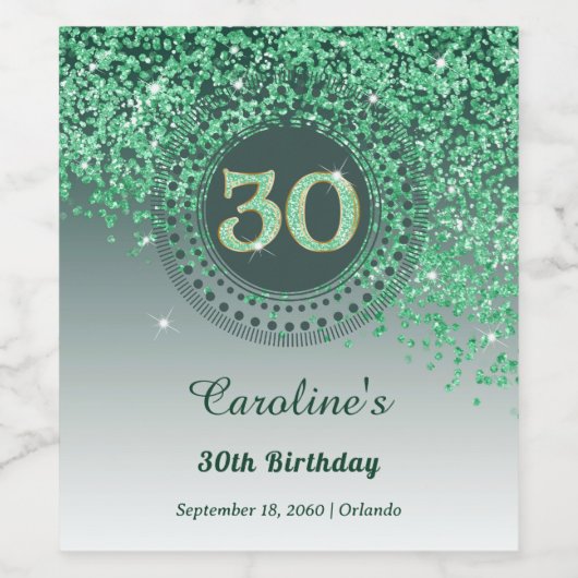 Étiquette Pour Bouteilles De Vin Stylish Falling Green Glitter 30th Birthday (Étiquettes simples)