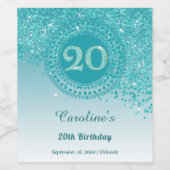 Étiquette Pour Bouteilles De Vin Stylish Falling Teal Blue Glitter 20th Birthday (Étiquettes simples)