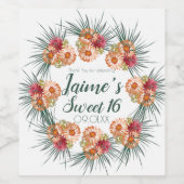 Étiquette Pour Bouteilles De Vin Sweet sixteen Aquarelle Florale Pêche Vert (Étiquettes simples)