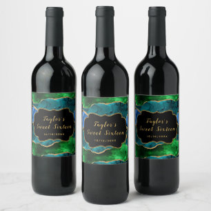 Étiquette Pour Bouteilles De Vin Sweet sixteen d'Agate Peacock bleu et vert