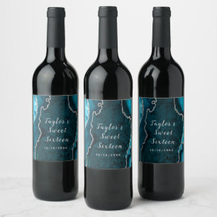 Étiquette Pour Bouteilles De Vin Sweet sixteen en marbre turquoise et argenté
