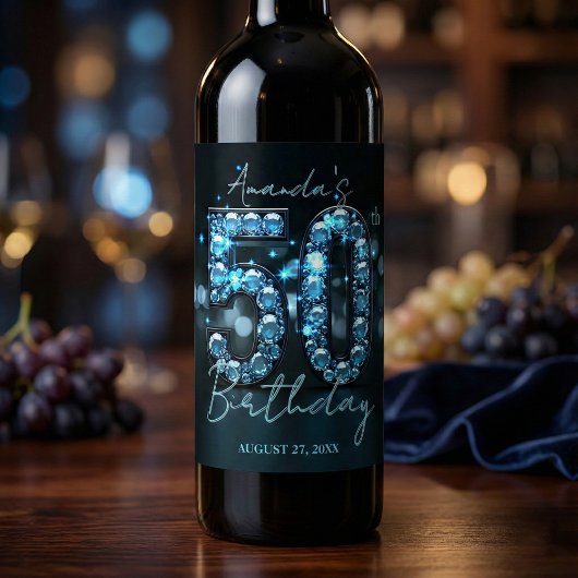 Étiquette Pour Bouteilles De Vin Teal Blue Diamonds Glamorous 50th Birthday