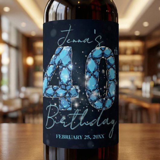 Étiquette Pour Bouteilles De Vin Teal Blue Sapphire Gemstone Glam 40th Birthday 
