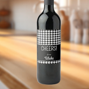 Étiquette Pour Bouteilles De Vin Texte personnalisé, CHEERS Black & White Houndstoo