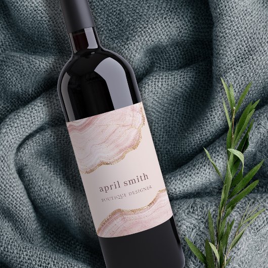 Étiquette Pour Bouteilles De Vin Texture de marbre d'agate rose pastel doré
