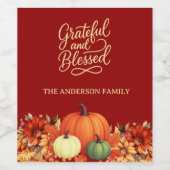 Étiquette Pour Bouteilles De Vin Thanksgiving citrouille terracotta Grateful béni (Étiquettes simples)