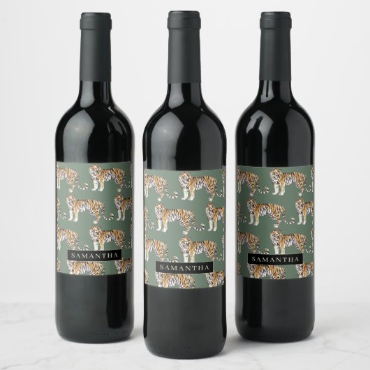 Étiquette Pour Bouteilles De Vin Tigres d'aquarelle verte tropicale Motif avec nom (Bouteilles)