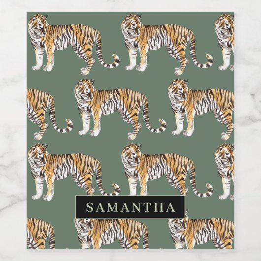 Étiquette Pour Bouteilles De Vin Tigres d'aquarelle verte tropicale Motif avec nom (Étiquettes simples)