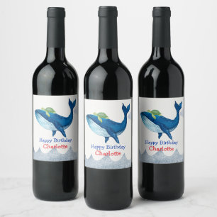 Étiquette Pour Bouteilles De Vin Tortue mignonne Course de baleine océan Fête d'ann
