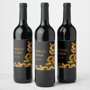 Étiquette Pour Bouteilles De Vin Tournesols Élégant Rustique Noir Nom Anniversaire