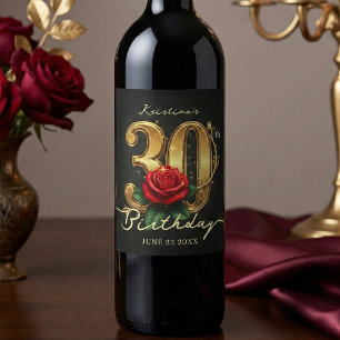 Étiquette Pour Bouteilles De Vin Trentième Anniversaire Stylé Rose Florale Noir Or