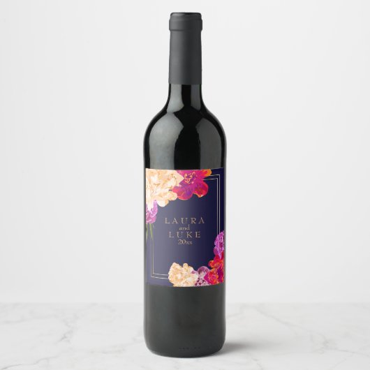 Étiquette Pour Bouteilles De Vin Tropical, Navy Floral (Devant)