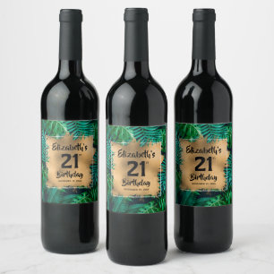 Étiquette Pour Bouteilles De Vin Tropical Plante Gold 21e anniversaire Personnalisé