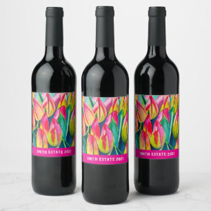 Étiquette Pour Bouteilles De Vin Tulipes d'art à l'aquarelle rose