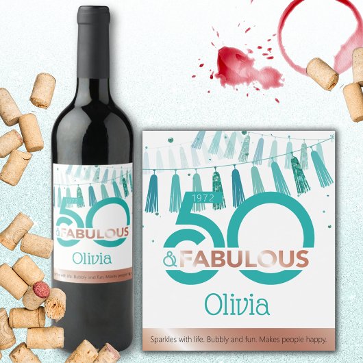 Étiquette Pour Bouteilles De Vin Turquoise 50 & Fabuleux Cinquante Anniversaire