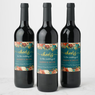 Étiquette Pour Bouteilles De Vin Turquoise & Orange Floral Mariage Étiquette de bou