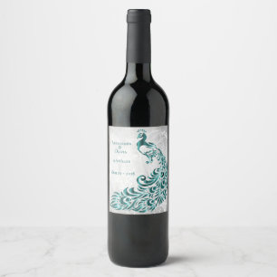 Étiquette Pour Bouteilles De Vin Turquoise Peacock Leaf Vine Mariage Vin Étiquette
