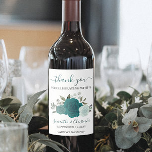 Étiquette Pour Bouteilles De Vin Turquoise & Turquoise Floral Élégant Merci de mari