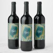 Étiquette Pour Bouteilles De Vin Turquoise vert Agate marbre Nom Abstrait Monogramm (Bouteilles)