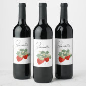 Étiquette Pour Bouteilles De Vin Two Red Strawberries with Leaves & Flowers | Fruit (Bouteilles)