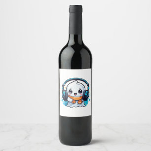 Étiquette Pour Bouteilles De Vin Un fantôme mignon et effrayant avec des écouteurs