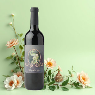 Étiquette Pour Bouteilles De Vin Un paon majestueux en or et vert