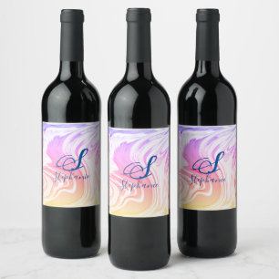 Étiquette Pour Bouteilles De Vin Vague rose blanc Abstrait Monogrammes mignons pour