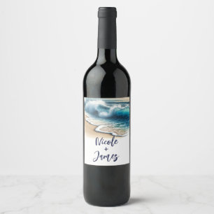 Étiquette Pour Bouteilles De Vin Vagues de l'océan se brisant sur le rivage Mariage