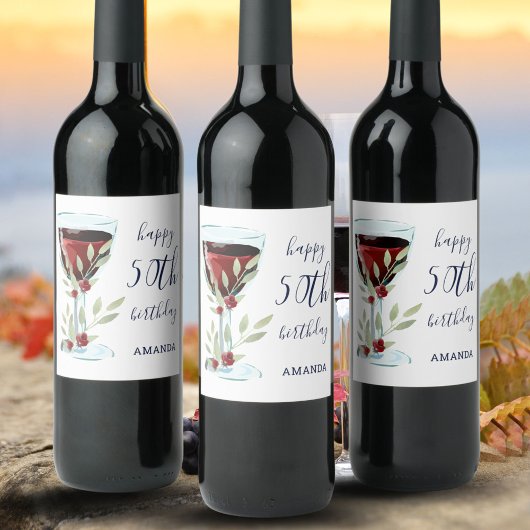 Étiquette Pour Bouteilles De Vin Verre rouge Rose Aquarelle 50e anniversaire