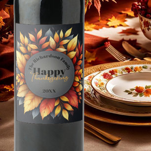 Étiquette Pour Bouteilles De Vin Vibrant Automne Quitte Thanksgiving Nom de famille