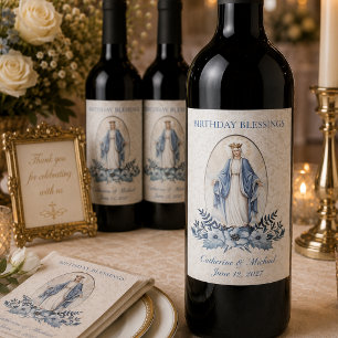 Étiquette Pour Bouteilles De Vin Vierge Marie Dame de Grâce Dentelle florale bleue