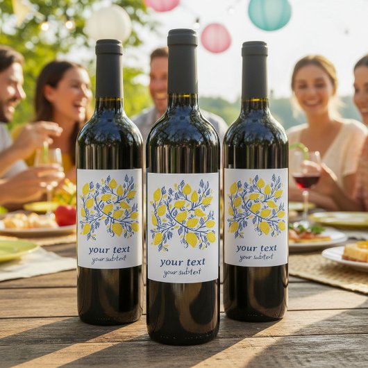 Étiquette Pour Bouteilles De Vin Vignes de citron bleu et jaune, jolies et délicate
