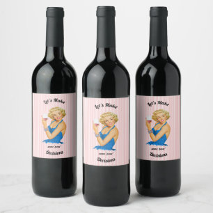 Étiquette Pour Bouteilles De Vin Vin de femme au foyer rétro rose rayé
