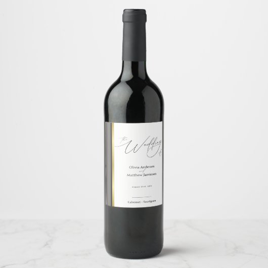 Étiquette Pour Bouteilles De Vin Vin Élégant Noir Gris Or Rayure Script (Devant)