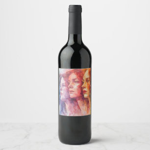 Étiquette Pour Bouteilles De Vin Visages des femmes - Peinture aquarelle