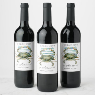 ÉTIQUETTE POUR BOUTEILLES DE VIN WATERCOLOR CRAB BEACH TOWN, OCEAN CITY BIENVENUE